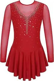 [Fldy] Girls Long Sleeve Figure Ice Skating Dress Sparkly Ballet Dance Leotard Modern Lyrical Dancewear