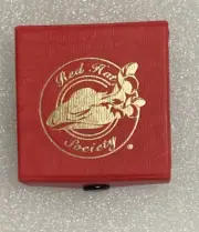 Boxed New Gold Tone Red Hat Society Enamel Feathered Hat Brooch Pin