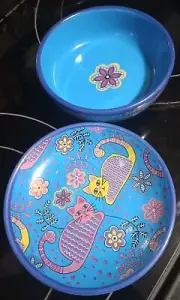 Whisker City Flowers & Kitties Set Blue Ceramic Cat Dish & Bowl