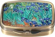 Dynippy Pill Case Pill Box with Mirror Retro Pocket 2 Compartment Medicine Case Vitamin Pill Organizer for Pocket Purse and Travel Gifts (Van Gogh Irises)