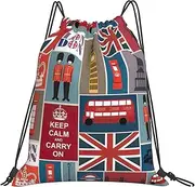 England Symbols Print Drawstring Backpack Gym Bags Sports Draw String Bags For Gym Travel Swimming Beach, White, One Size