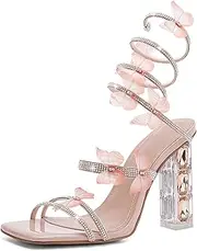 [VOZTOLLS] Womens Lace Up Sandals Square Open Toe Chunky High Heels Rhinestone Strappy High Block Heel Sandals Sparkly Dress Party Wedding Shoes