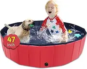CACSPS Foldable Dog Pool, 47" x 12" Kiddie Pool With Hard Plastic, Non-Slip Bath Tub for Outdoor Backyard, Collapsible Swimming Pool for Kids Pets (Red)