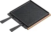 [George Foreman] Dual-Sided, Cast Iron Smooth Griddle Plate for BBQ with Beech Tray, Grill Pan, Healthy Cooking, Fits into 12" and 16" Pizza Ovens, Removable Handles, GFDSGP01