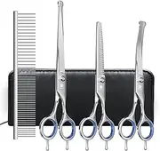 Professional Dog Grooming Scissors Set with Safety Ronud Tip, MAOCG Twin-Tail Thinning, Curved, Straight Shears and Comb for Dogs & Cats, Sharp and Durable, Suitable for Lefty and Righty