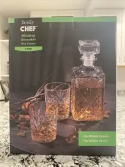 NEW, Whiskey Decanter, and 2 Glasses, Family CHEF 34 oz. Attractive Set