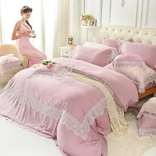 義大利La Belle《愛琴維納斯-粉膚》雙人天絲蕾絲四件式防蹣抗菌舖棉兩用被床包組