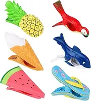 Homiliky 6 Pcs Beach Towel Clips,Beach Towel Pegs,Towel Pegs for Sun Lounger Pool, Flamingo,Parrot,Watermelon,Pineapple Chair Clips Portable Towel Holders Clips,Sunbed Pegs Large Laundry Clothes Pegs
