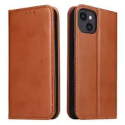 For iPhone 14 Plus Case Leather Flip Wallet Folio Cover with Stand Brown