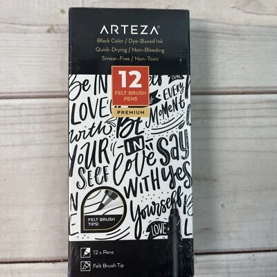 ARTEZA Felt-Tip Brush Pens, Set of 12 Nontoxic Black Marker Pens, Quick-Dry a...