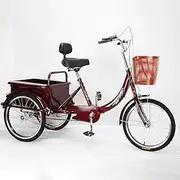 TT-YED Vintage Tricycle, 3 Wheel Thick Tire Cruiser Trike with Adjustable Seat Height, Outdoor Sports Shopping Bike with Large Capacity Cargo Box and Seat Back,Red
