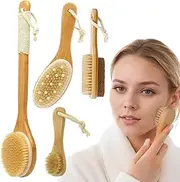 4Pcs Dry Brushing Body Brush Set, Natural Wooden Handle Dry Brush, Boar Bristle Exfoliating Body, Long Handle Back Scrubber, Face, Foot for A Glowing Skin, Br