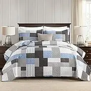 SahSahCasa Quilt Queen Size, Queen Quilt Set, 100% Cotton Queen Quilt Bedding Set Bedspreads, Farmhouse Patchwork Quilt, Plaid Reversible Lightweight Rustic Bedspread, Taupe Blue White, 3Pcs