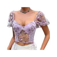 在飛比找蝦皮商城精選優惠-女式性感短袖露臍上衣蕾絲刺繡露背上衣塑形胸花上衣泡泡袖上衣紫