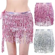 [KABAKE] 2 Pack Women Sequin Tassel Skirt Glitter Sparkly Belly Dance Hip Scarf Fringe Metallic Rave Party Belts Costume