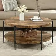 IHOMDEC Round Coffee Table with 6 Metal Legs, Coffee Table for Living Room,2-Tier Rustic Wood Desktop with Storage Shelf Modern Design Home Furniture, Rustic Dark Brown