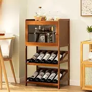 MOMOGEE Bamboo Wine Rack Cabinet 10 Bottles Freestanding Wine Glass Champagne Holder with Door Liquor Storage Display Stand for Living Room Bar Kitchen
