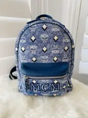 NWT MCM Small Stark Vintage Jacquard Monogram Canvas Leather Backpack Blue $1150