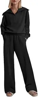 [Generic] Women's Large Collar Cut Half Zip Hoodie Two-Piece Set Solid Color Casual Loose Sports Hoodie Elastic Waist Wide Leg Pants Set Casual Wear