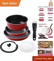 Stylish Red Nonstick Induction Cookware Set with Detachable Handle - 6-Piece
