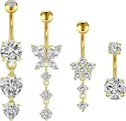 [Briana Williams] 14g Belly Button Ring Dangle Belly Button Rings Piercing Jewelry Surgical Stainless Steel Clicker Belly Navel Rings Piercing Jewelry for Women Heart Butterfly Diamond Silver Gold