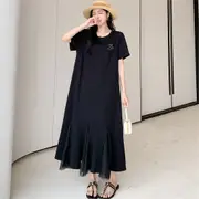 Oladivi 加大碼女式休閒寬鬆棉質拼布連衣裙 2024 夏季新款短袖韓式超大連衣裙 56028 F054