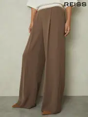 Reiss Mocha Brown Abigail Petite Wide Leg Elasticated Trousers (AB1729) | $310