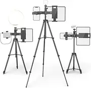 63-inch Tripod Stand for iPad & Phone, 360° Adjustable Floor Stand Tablet Holder with 2 Holders, Live Streaming Tripod Mount Stand for iPad Pro 12.9 Air Mini 4.7-12.9" Tablets