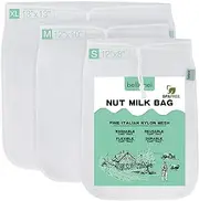 Bellamei Nut Milk Bag Reusable 3 Pack 200 Micron Nut Bags for Almond/Soy Milk Greek Yogurt Professional for Cold Brew Coffee Tea Beer Juice Fine Italian Nylon Mesh