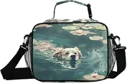 Insulated Lunch Box Dog Swim Floral for Women Men - Ideal for Work, Picnics - Includes Adjustable Shoulder Strap