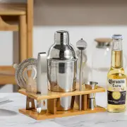 GGP 550Ml 7 Piece Stainless Steel Cocktail Shaker Set With Bamboo Stand Bartender Kit