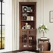 IRONCK 71.3'' Tall Corner Cabinet, Mid Century Storage Cabinet with Glass Doors & Adjustable Shelf, Bathroom Storage with 3 Open Shelf, Home Space Saver for Bathroom, Living Room, Kitchen, Red Walnut