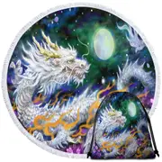 Fantasy Space White Dragon and The Moon Round Beach Towel
