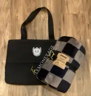 VS PINK Coffee Black Plaid Sherpa Blanket Puffy Tote Shopper Bundle