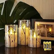 Rhytsing Birch Design Glass Battery Operated LED Candles with Timer, Flameless Pillar Candles Spring & Summer Decor, Batteries Included - Set of 3