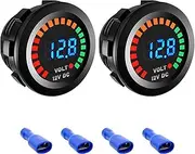 2 PCS Waterproof Voltmeter for Car, DC 12V LED Digital Display Voltage Gauge with Terminals, Universal Round Panel Vehicle Battery Voltage Tester for Car Motorcycle Boat