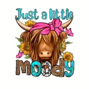 "Just A Little Moody" Western Long Hair Sunflower Cow Iron-On Transfer - New