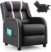 HONEY JOY Kids Recliner Chair with Side Pockets, Toddler Ergonomic PU Leather Sofa Couch w/Adjustable Backrest Footrest & High Density Sponge, Child-Size Armchair Lounge Recliner for 3-12 Years, Pink