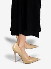 Beige Pointed Toe Patent Pumps