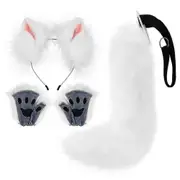 Faux Fur Fox Tail Cat Wolf Cosplay Costume Set Plush Mask Fluffy Paw Gloves Halloween Christmas-hao White