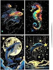 Scratch Off Art | Handmade Glitter Scratchboard Art Set of 4 | Craft Art Supplies, A4 Size Coloring Drawing, Graffiti Cards Toys, Landscape and Animal Art