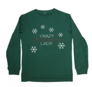 Crazy Christmas Lady Womens Pullover Sweatshirt Long Sleeve Green XMAS Large
