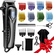 Chicclly Hair Clippers for Men&Women, 5 Hours Cordless Hair Cutting Kit with 10 Combs, LED Display, Low Noise Professional Beard Trimmer Barber Clippers Hair Cutting Kit with Scissors, Cape (2-Black)