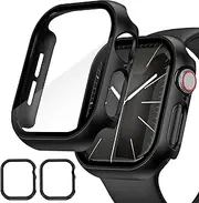 2 Pack Hard Case for Apple Watch Series 10 46mm Screen Protector, EWUONU Tempered Glass Bumper Anti-Scratch HD Ultra-Thin Protective Face Cover for iWatch Series 10 46mm, Black
