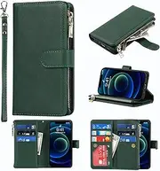 Cavor for iPhone 12 Mini Case [5.4 inch] PU Leather Folio Flip Wallet Back Cover Magnetic Case with Hand Strap/Lanyard [Zipper Coin Pocket & 9 Card Slots & Stand Feature & Wristlet Strap] -Green