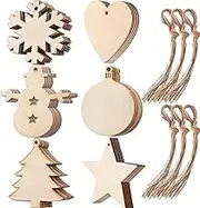 60 Pieces Wooden Cutouts Christmas Wood Ornaments, Star, Christmas Tree, Snowflake, Snowman Christmas Wooden Hanging Ornaments with 60 Pieces Ropes for Embellishments, Wedding, DIY Craft