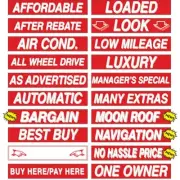 Red and White Car Dealer Windshield Slogans Stickers 20 packs, 15" Mix n Match