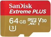 64GB SanDisk Extreme Plus MicroSDXC Memory Card + SD Adapter up to 100MB/s, Class 10, U3, V30, A1 (Refurbished)