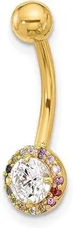 [JewelryWeb] 14ct Solid Yellow Gold 14 Gauge Polished Rainbow CZ Simulated Diamond Belly Navel Ring 24mm Long