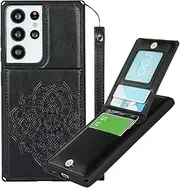 [Cavor] for Samsung Galaxy S21 Ultra 5G Wallet Case Flip Magnetic Clasp PU Leather Shockproof TPU Back Cover Flower Cases Lanyard Card Slots Holder Kickstand Protective Case-Vertical Mandala Black